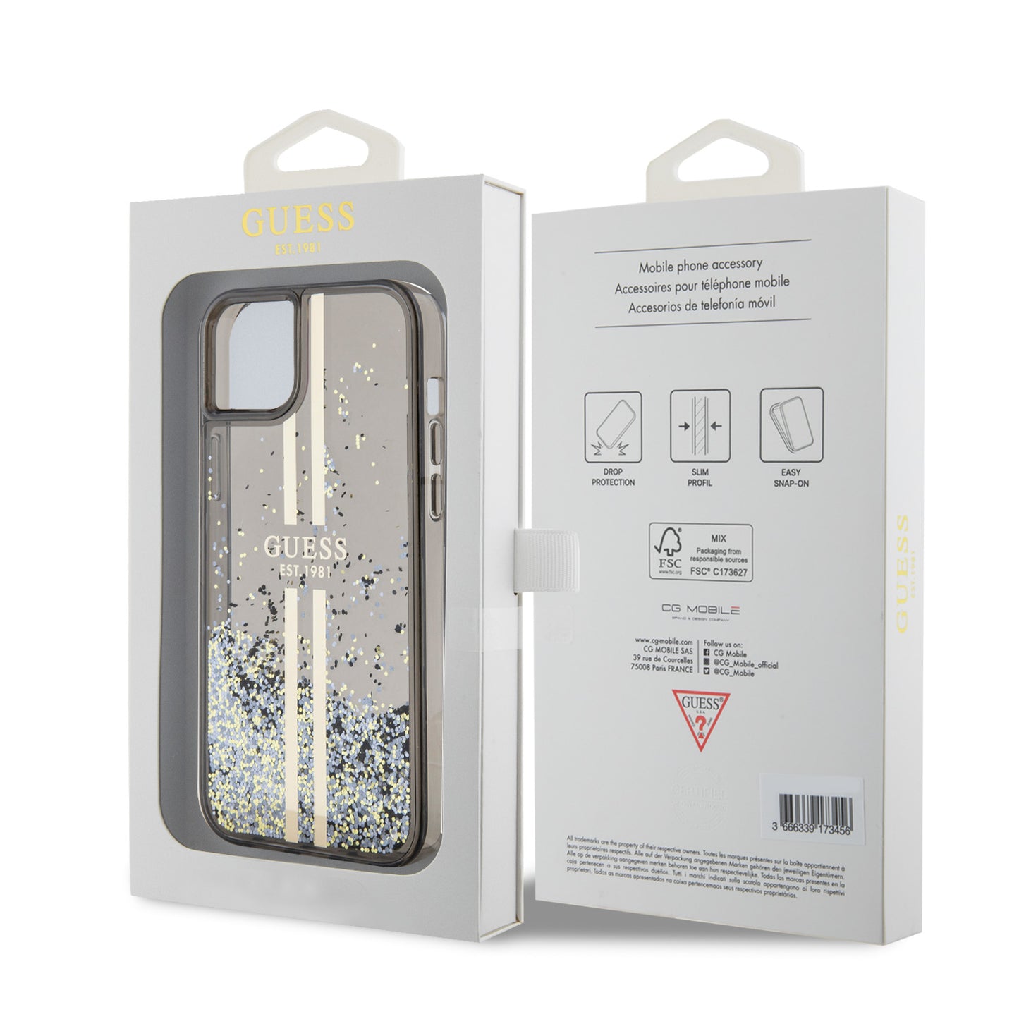 Hoes voor Apple iPhone 15 Plus, Guess, Liquid Glitter Gold Stripes, Zwart