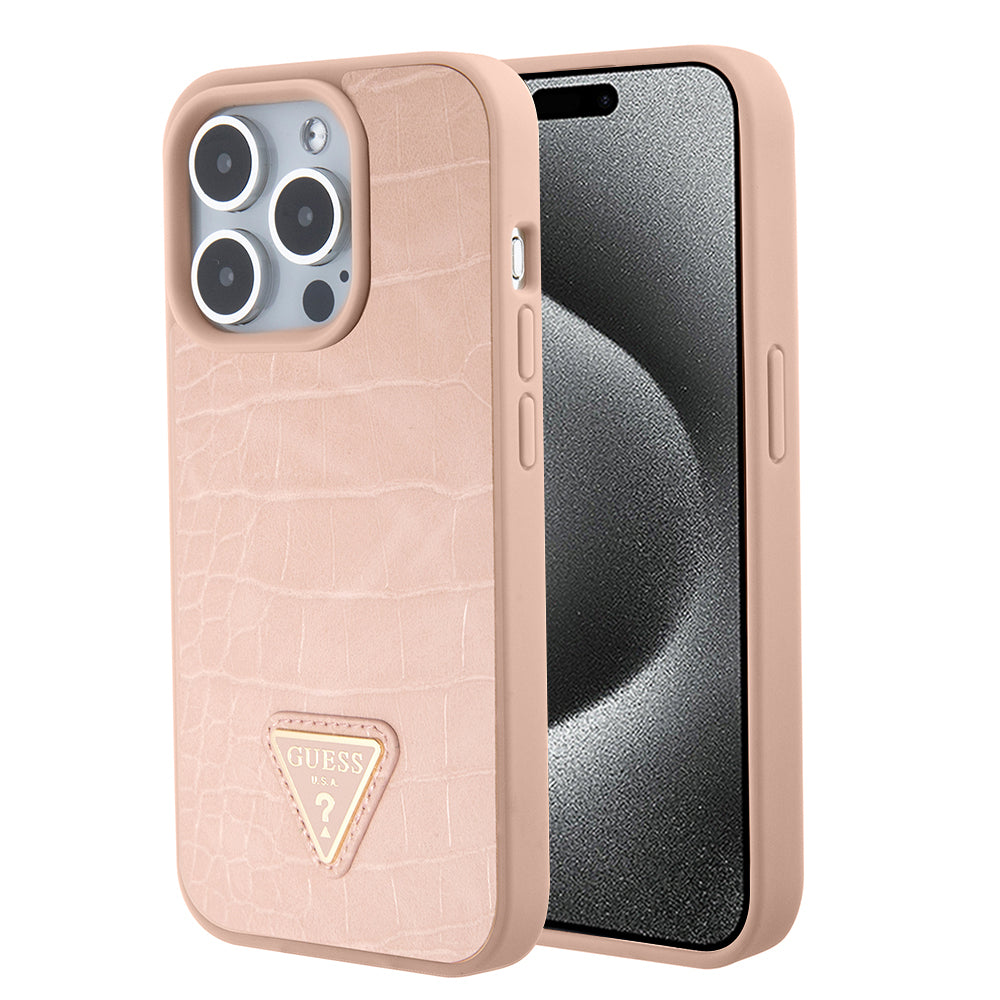 Hoes voor Apple iPhone 15 Pro, Guess, Croco Triangle Metal Logo, Roze