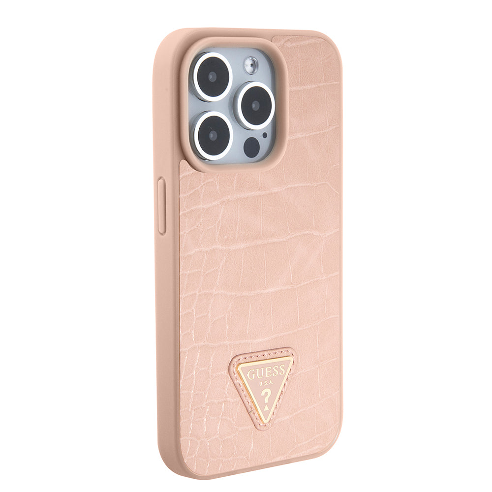 Hoes voor Apple iPhone 15 Pro, Guess, Croco Triangle Metal Logo, Roze