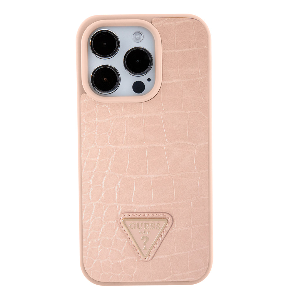 Hoes voor Apple iPhone 15 Pro, Guess, Croco Triangle Metal Logo, Roze