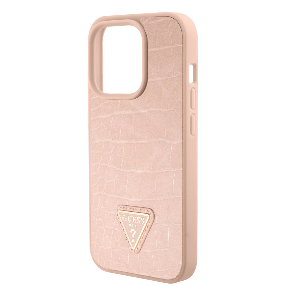 Hoes voor Apple iPhone 15 Pro, Guess, Croco Triangle Metal Logo, Roze