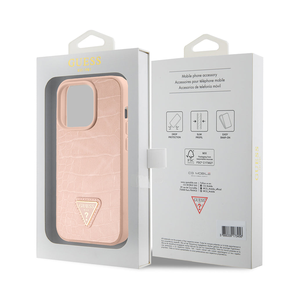 Hoes voor Apple iPhone 15 Pro, Guess, Croco Triangle Metal Logo, Roze