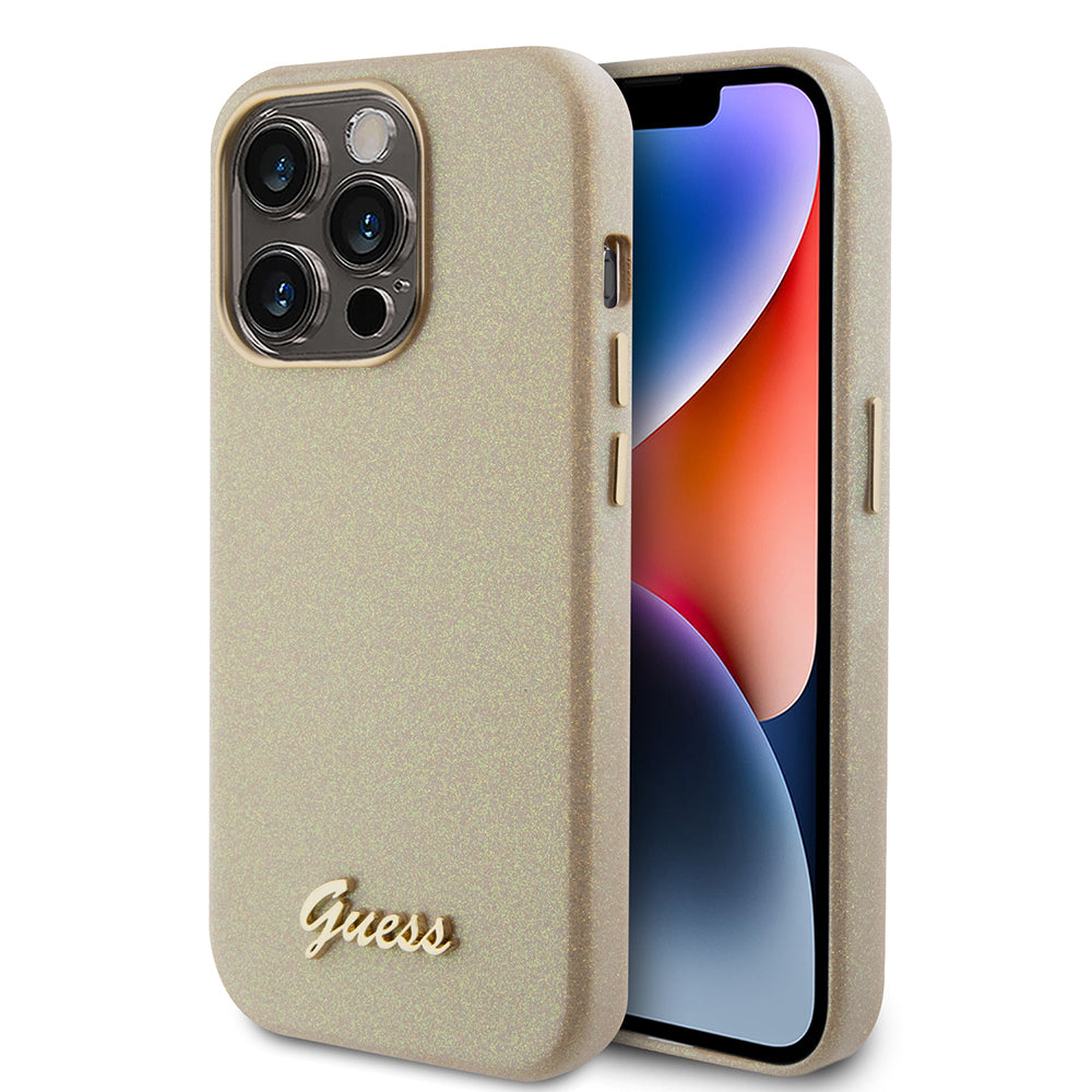 Hoes voor Apple iPhone 15 Pro, Guess, Glitter Glossy Script, Beige