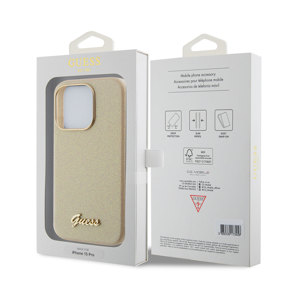 Hoes voor Apple iPhone 15 Pro, Guess, Glitter Glossy Script, Beige