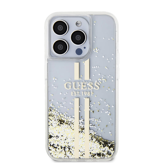 Hoes voor Apple iPhone 15 Pro, Guess, Liquid Glitter Gold Stripes, Transparant