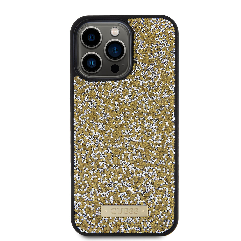 Hoes voor Apple iPhone 15 Pro, Guess, Rhinestone Metal Logo, Geel