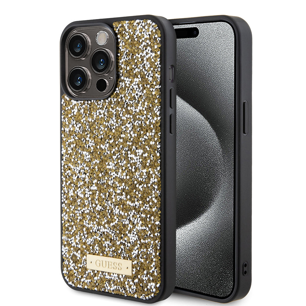 Hoes voor Apple iPhone 15 Pro, Guess, Rhinestone Metal Logo, Geel
