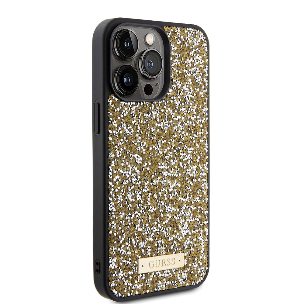 Hoes voor Apple iPhone 15 Pro, Guess, Rhinestone Metal Logo, Geel