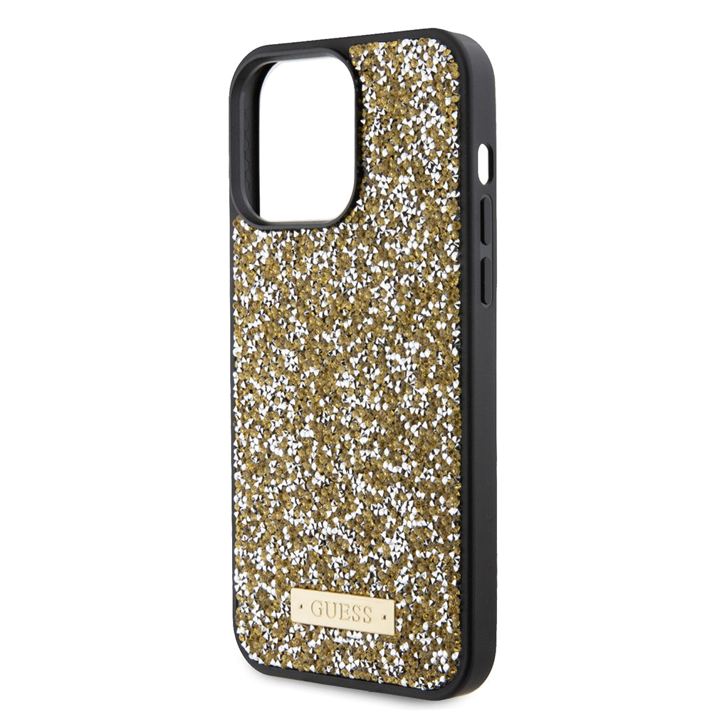 Hoes voor Apple iPhone 15 Pro, Guess, Rhinestone Metal Logo, Geel
