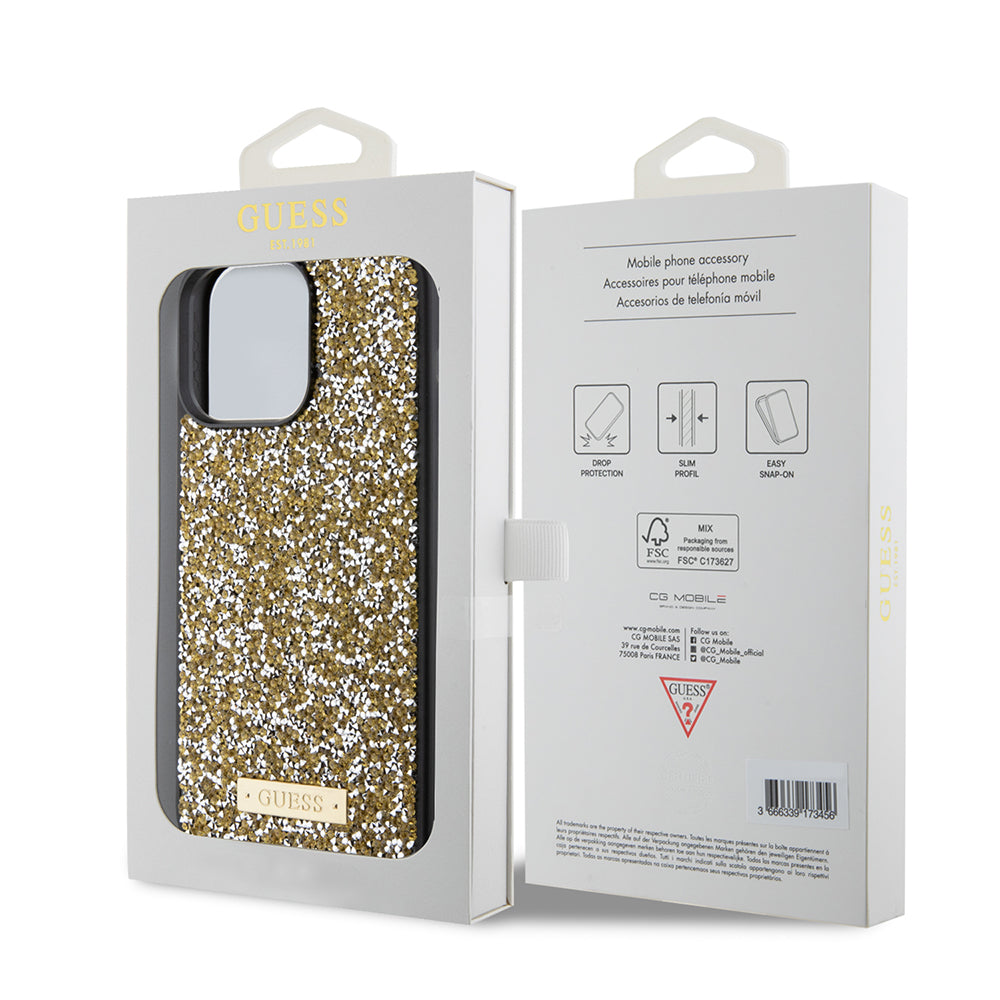 Hoes voor Apple iPhone 15 Pro, Guess, Rhinestone Metal Logo, Geel
