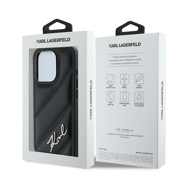 Case for Apple iPhone 15 Pro, Karl Lagerfeld, Diagonal Quilted Script, Black