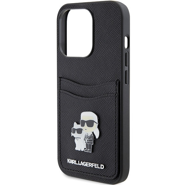 Hoes voor Apple iPhone 15 Pro, Karl Lagerfeld, Saffiano Card Slot Metal Karl & Choupette, Zwart