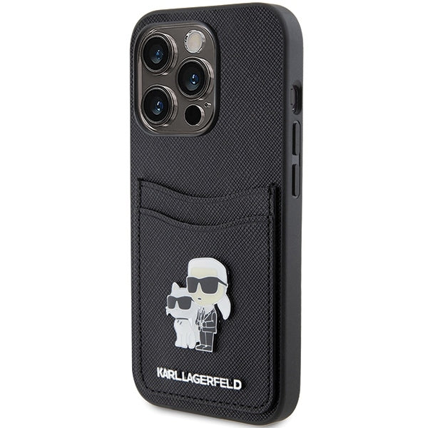 Hoes voor Apple iPhone 15 Pro, Karl Lagerfeld, Saffiano Card Slot Metal Karl & Choupette, Zwart