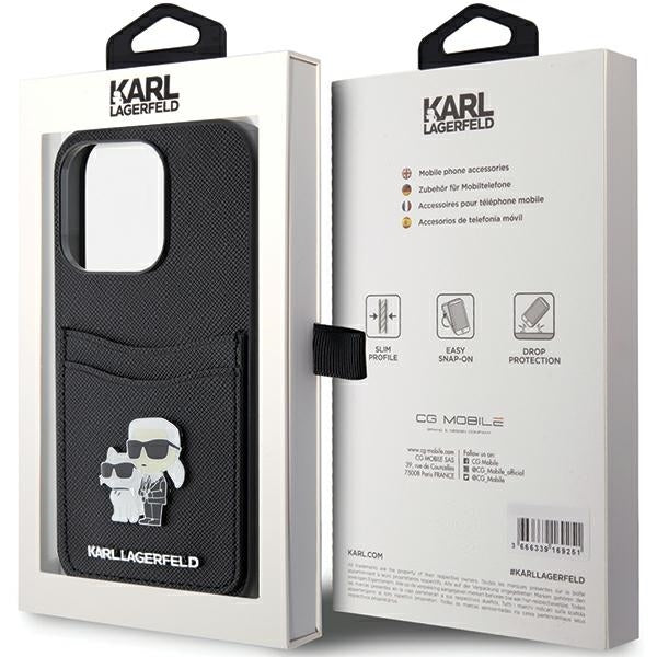 Hoes voor Apple iPhone 15 Pro, Karl Lagerfeld, Saffiano Card Slot Metal Karl & Choupette, Zwart