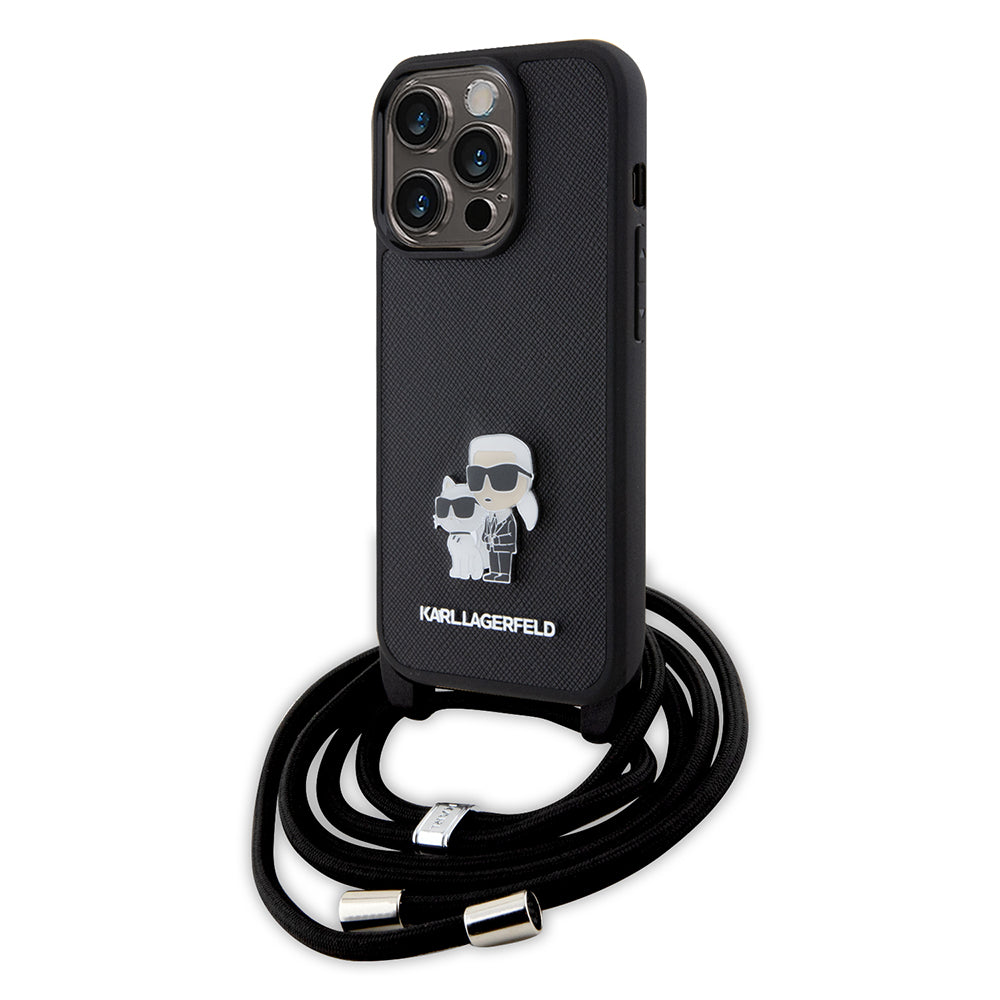 Hoes voor Apple iPhone 15 Pro, Karl Lagerfeld, Saffiano Crossbody Metal Pin Karl & Choupette, Zwart
