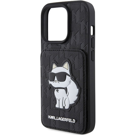 Hoes voor Apple iPhone 15 Pro Max, Karl Lagerfeld, Saffiano Cardslots en Stand Monogram Choupette, Zwart