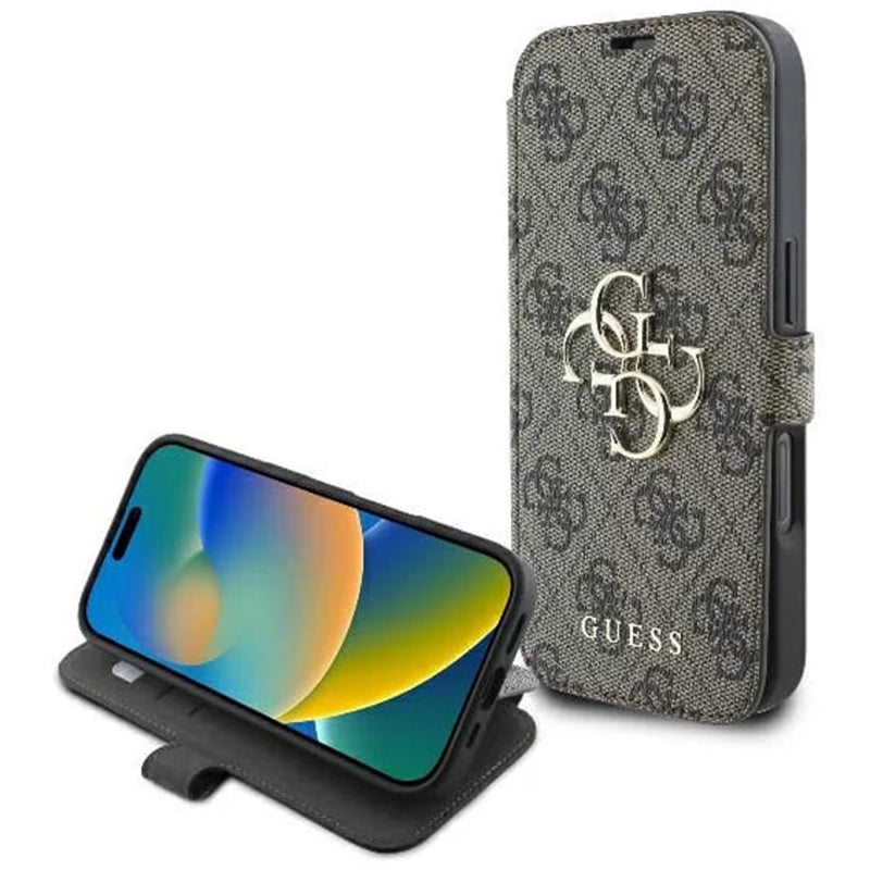Hoes voor Apple iPhone 16, Guess, 4G Book, Bruin