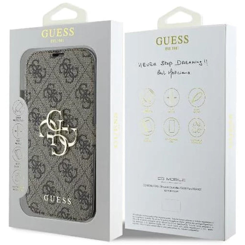 Hoes voor Apple iPhone 16, Guess, 4G Book, Bruin