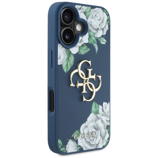 Hoes voor Apple iPhone 16, Guess, 4G Grained Roses Big Logo, Blauw