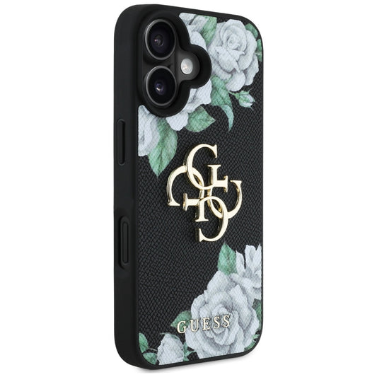 Hoes voor Apple iPhone 16, Guess, 4G Grained Roses Big Logo, Zwart