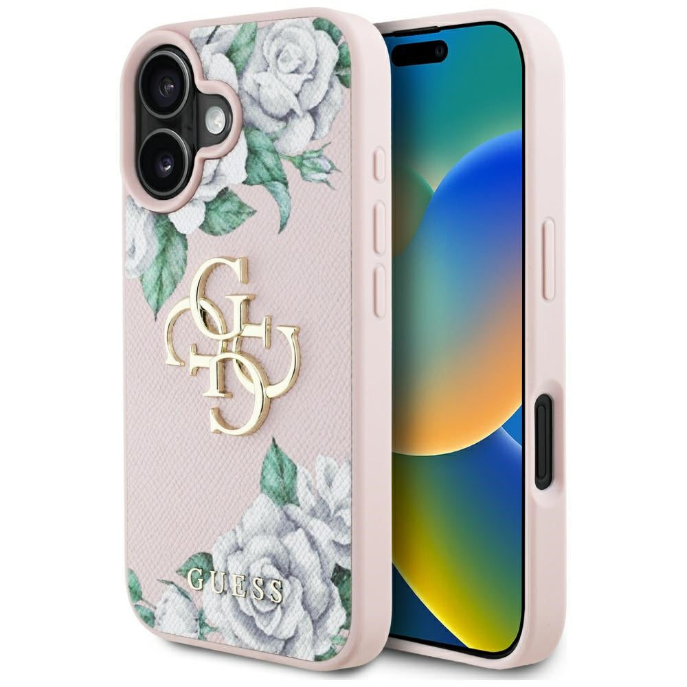 Hoes voor Apple iPhone 16, Guess, 4G Grained Roses Big Logo, Roze