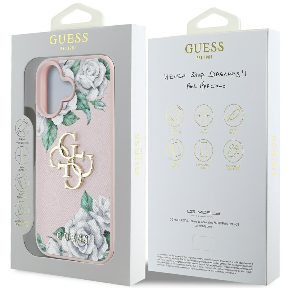 Hoes voor Apple iPhone 16, Guess, 4G Grained Roses Big Logo, Roze