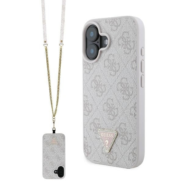 Hoes voor Apple iPhone 16, Guess, Crossbody 4G Triangle Strass, Roze
