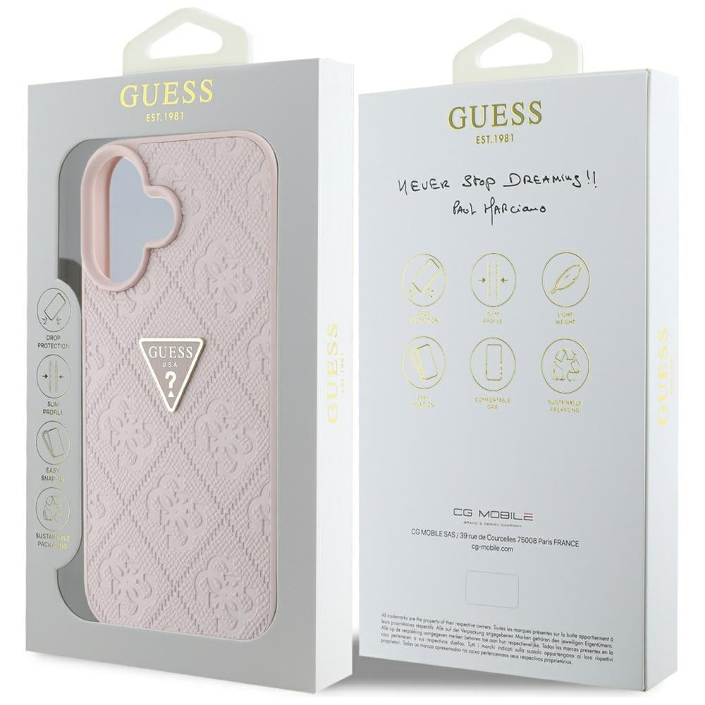 Hoes voor Apple iPhone 16, Guess, Hot Stamp 4G Pattern Triangle Logo, Roze
