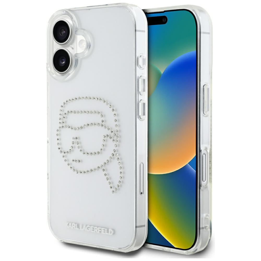 Hoes voor Apple iPhone 16, Karl Lagerfeld, IML Rhinestones Karl's Head, Transparant
