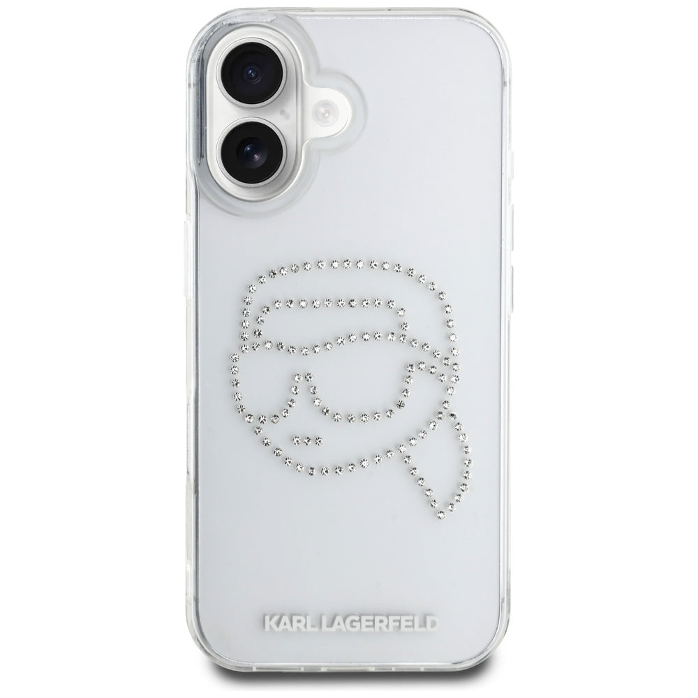 Hoes voor Apple iPhone 16, Karl Lagerfeld, IML Rhinestones Karl's Head, Transparant