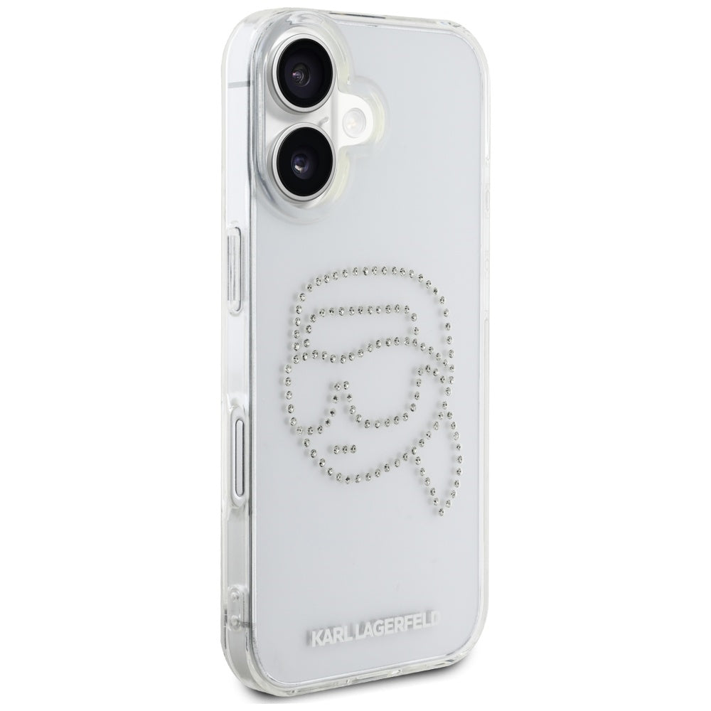 Hoes voor Apple iPhone 16, Karl Lagerfeld, IML Rhinestones Karl's Head, Transparant