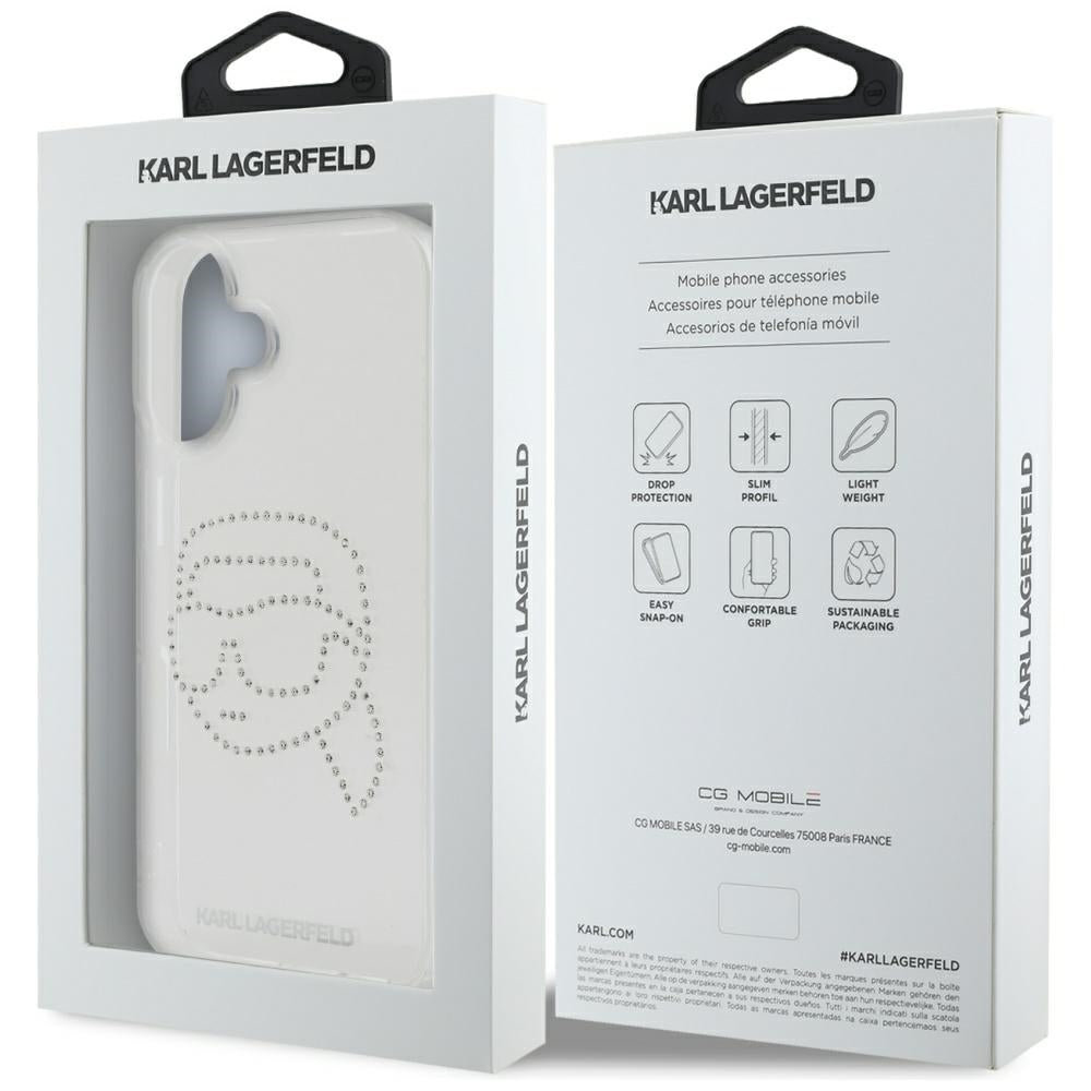 Hoes voor Apple iPhone 16, Karl Lagerfeld, IML Rhinestones Karl's Head, Transparant