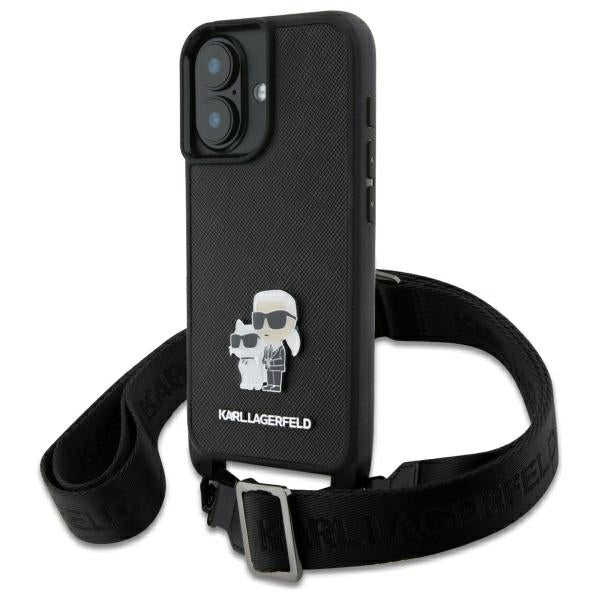 Hoes voor Apple iPhone 16, Karl Lagerfeld, Saffiano Crossbody Metal Pin Karl & Choupette, Wit