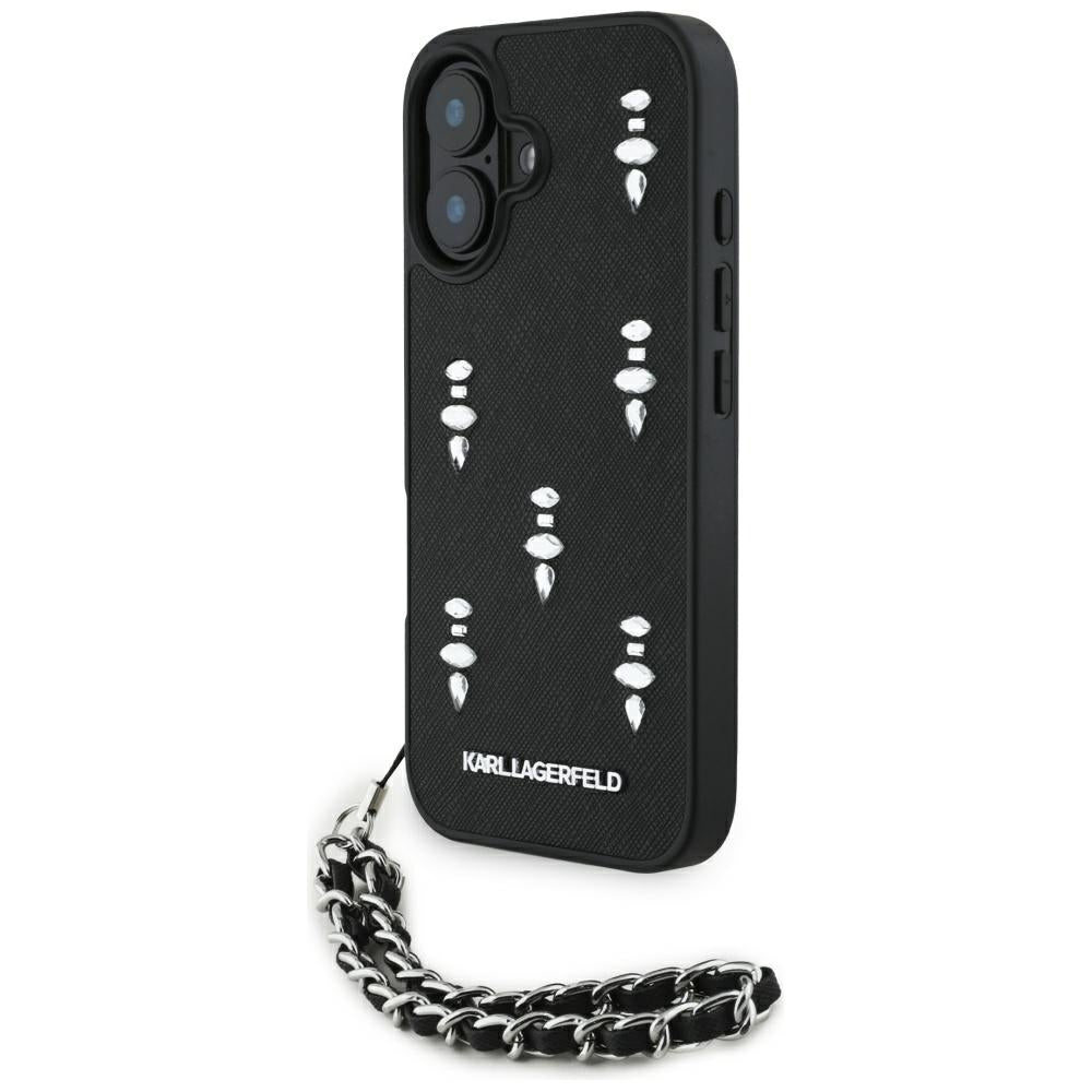 Hoes voor Apple iPhone 16, Karl Lagerfeld, Saffiano Crystals & Charm, Zwart