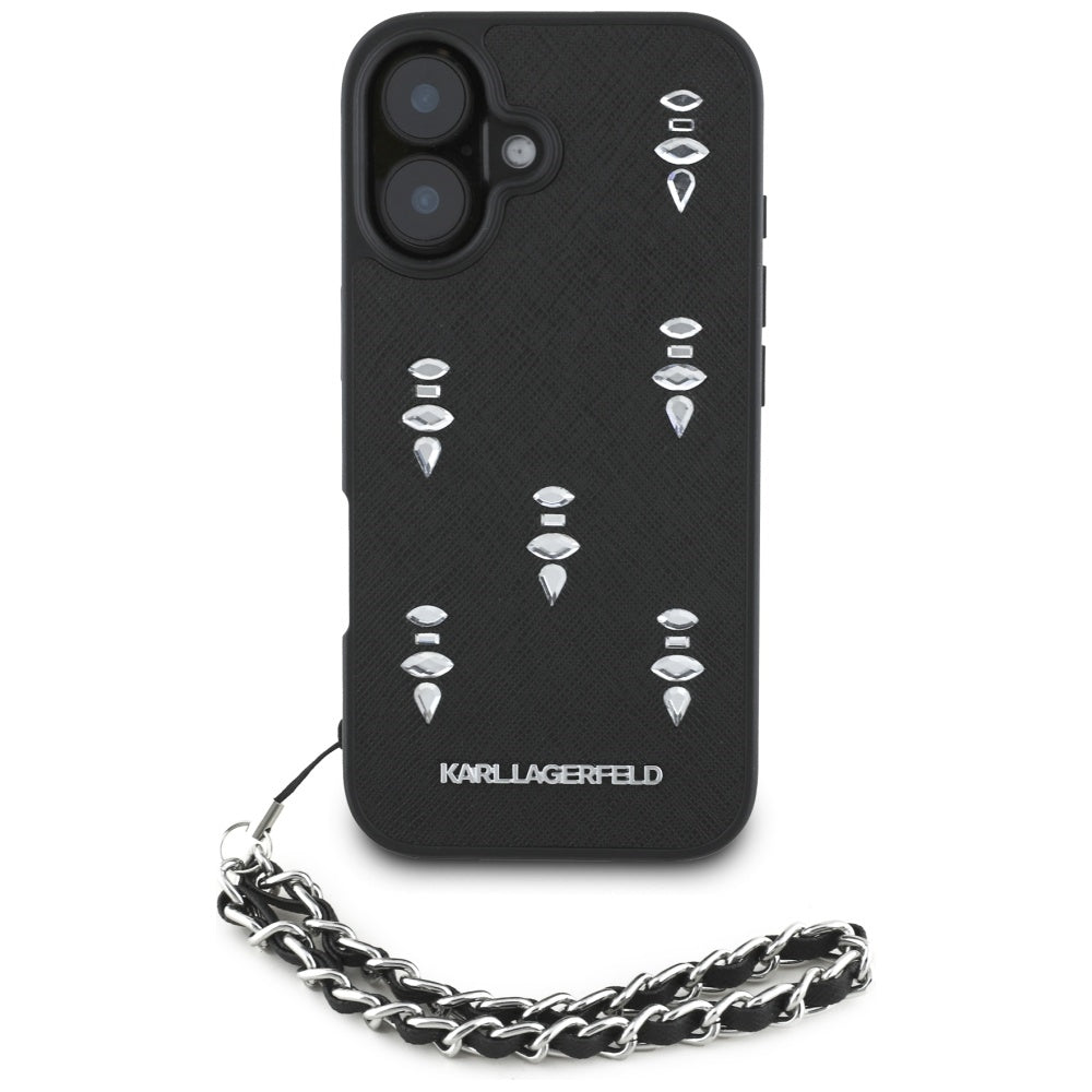 Hoes voor Apple iPhone 16, Karl Lagerfeld, Saffiano Crystals & Charm, Zwart