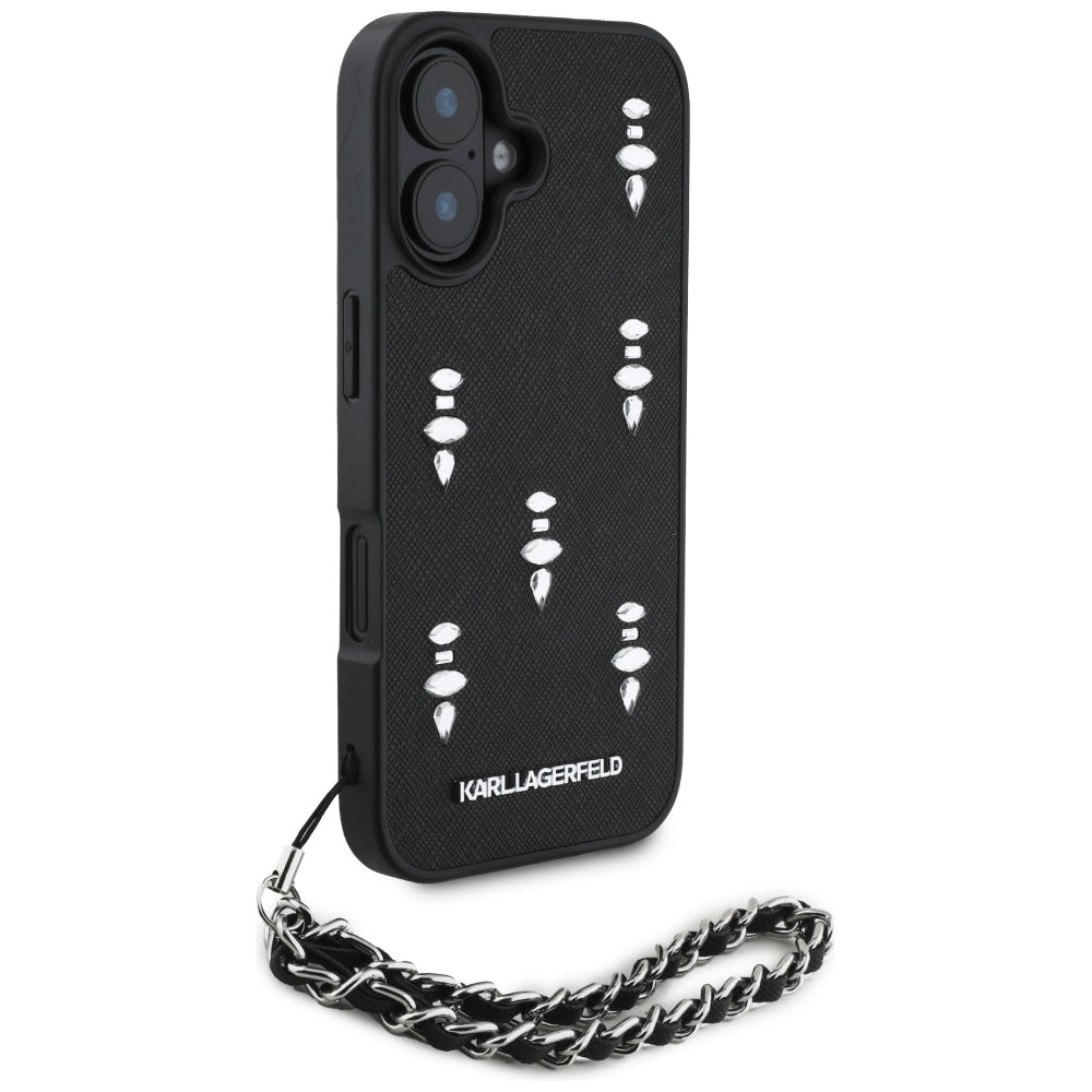 Hoes voor Apple iPhone 16, Karl Lagerfeld, Saffiano Crystals & Charm, Zwart