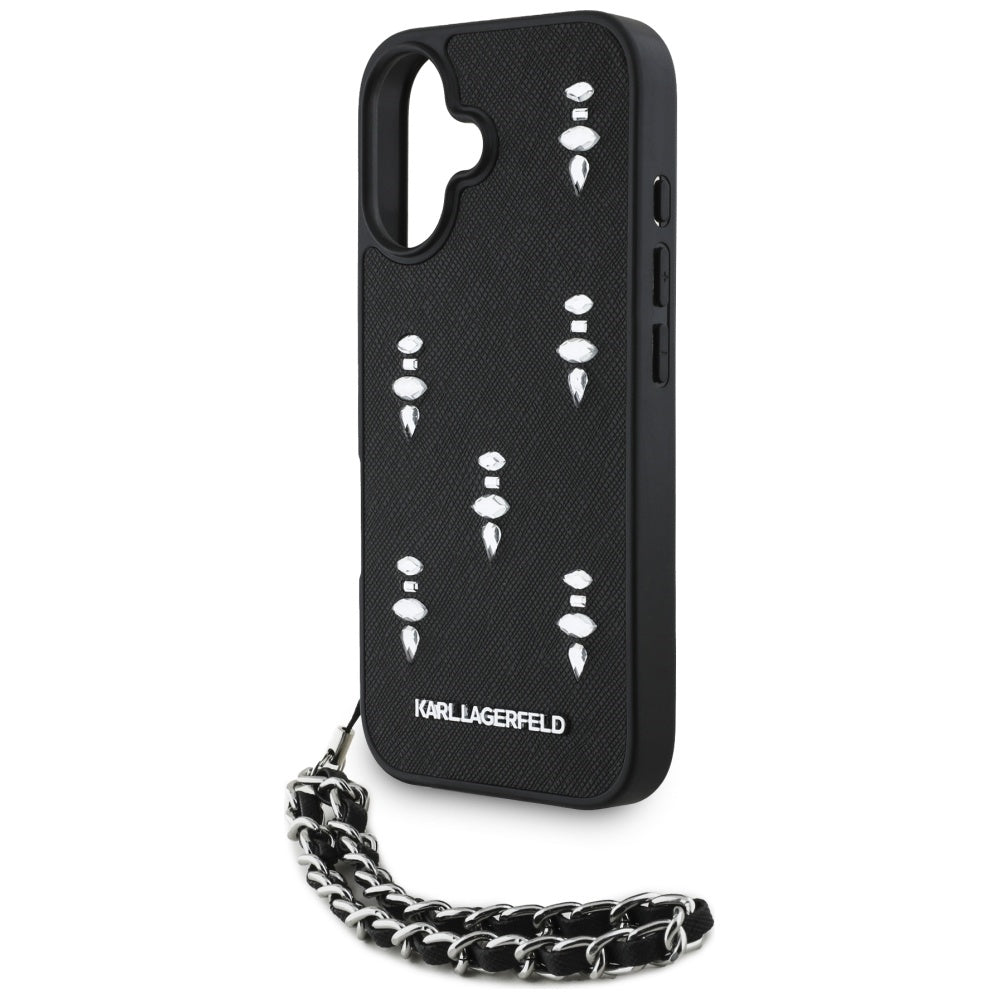 Hoes voor Apple iPhone 16, Karl Lagerfeld, Saffiano Crystals & Charm, Zwart