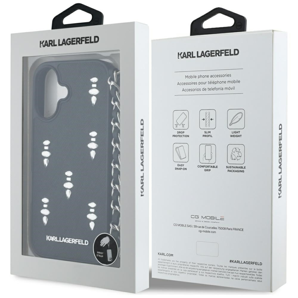 Hoes voor Apple iPhone 16, Karl Lagerfeld, Saffiano Crystals & Charm, Zwart