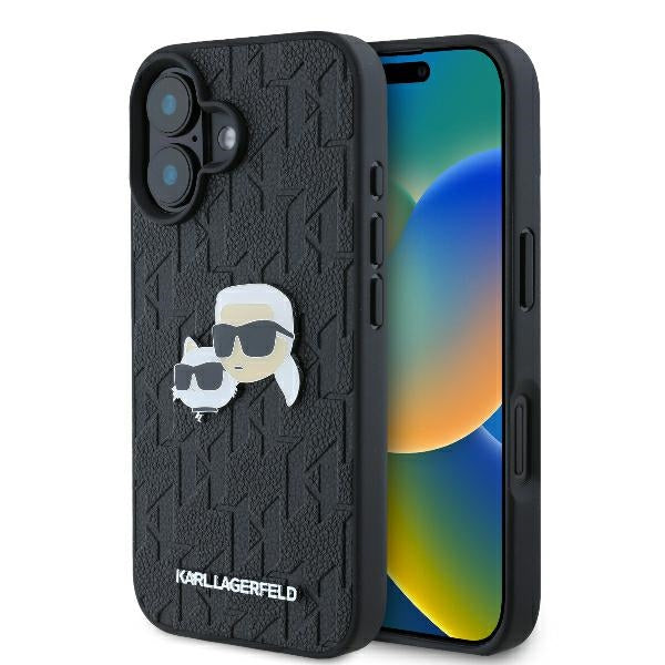 Hoes voor Apple iPhone 16 Plus, Karl Lagerfeld, Monogram Karl & Choupette's Heads, Zwart