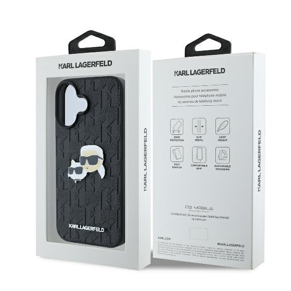 Hoes voor Apple iPhone 16 Plus, Karl Lagerfeld, Monogram Karl & Choupette's Heads, Zwart