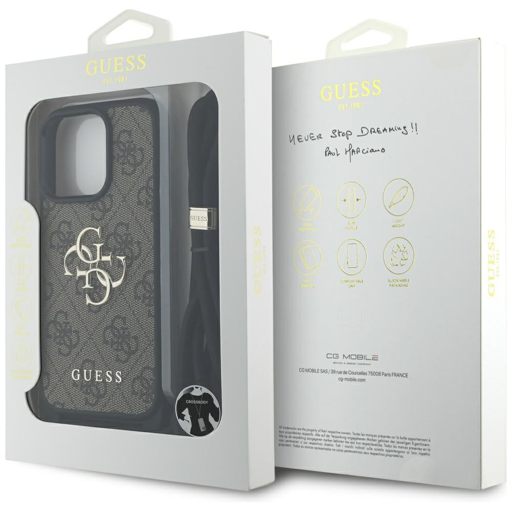 Case for Apple iPhone 16 Pro, Guess, 4G CBDY Big Logo with Cord Strap, Brown