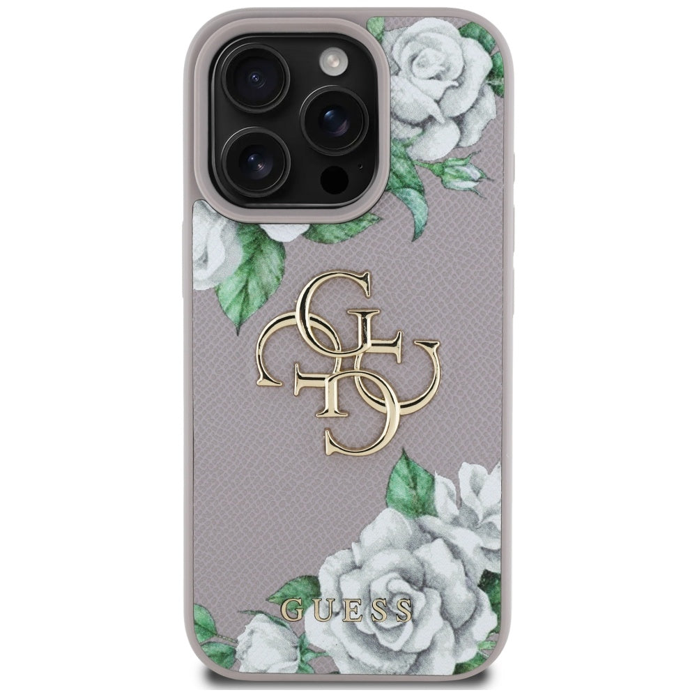 Hoes voor Apple iPhone 16 Pro, Guess, 4G Grained Roses Big Logo, Paars