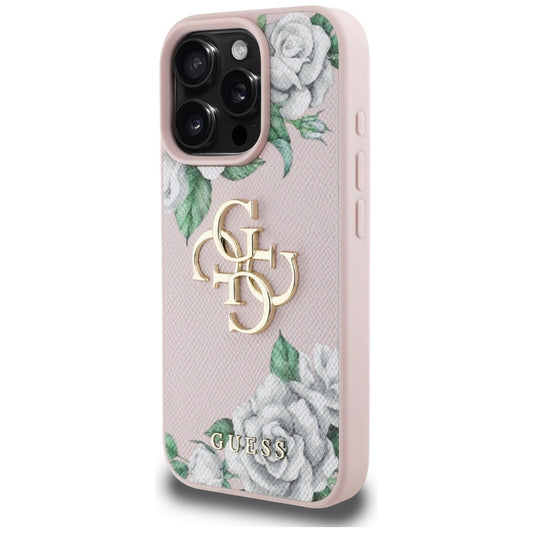 Hoes voor Apple iPhone 16 Pro, Guess, 4G Grained Roses Big Logo, Roze