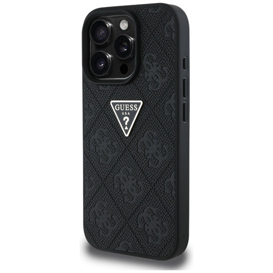 Hoes voor Apple iPhone 16 Pro, Guess, Hot Stamp 4G Pattern Triangle Logo, Zwart
