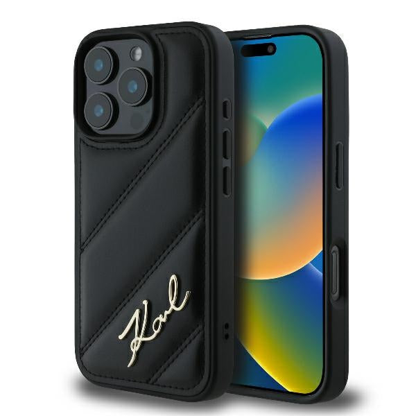 Case for Apple iPhone 16 Pro, Karl Lagerfeld, Diagonal Quilted Script, Black