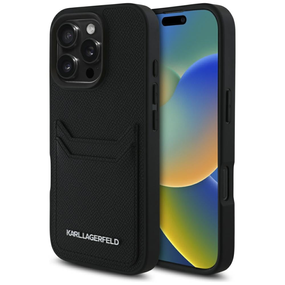 Hoes voor Apple iPhone 16 Pro, Karl Lagerfeld, Grained Cardslots, Zwart