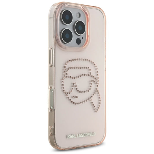 Hoes voor Apple iPhone 16 Pro, Karl Lagerfeld, IML Rhinestones Karl's Head, Roze