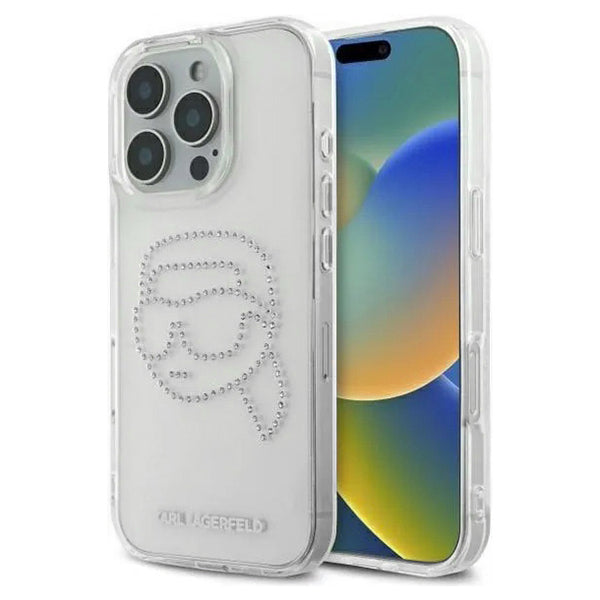 Hoes voor Apple iPhone 16 Pro, Karl Lagerfeld, IML Rhinestones Karl's Head, Transparant