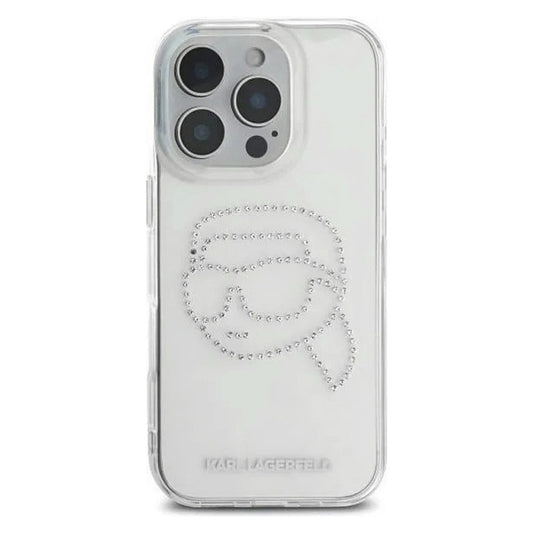 Hoes voor Apple iPhone 16 Pro, Karl Lagerfeld, IML Rhinestones Karl's Head, Transparant