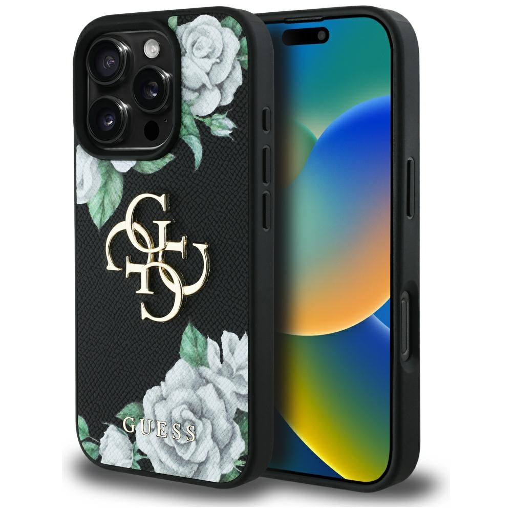 Hoes voor Apple iPhone 16 Pro Max, Guess, 4G Grained Roses Big Logo, Zwart